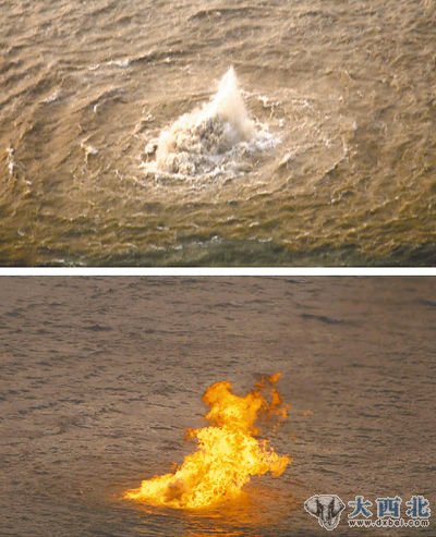 上图：12月19日,泄漏的天然气推动海水形成水柱。下图：12月20日,为防止管线爆炸，珠海有关部门在海面泄漏点点燃天然气。新华社发