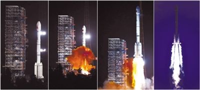 25日20时29分，搭载两颗新一代北斗导航卫星的“长征三号乙/远征一号”运载火箭在西昌卫星发射中心发射升空。新华社记者 朱峥 摄